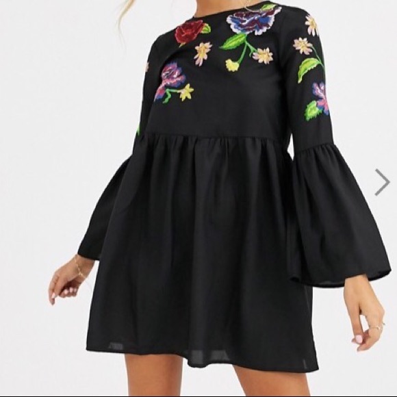 ASOS Fluted Sleeve Embroidered Dress - Picture 1 of 2